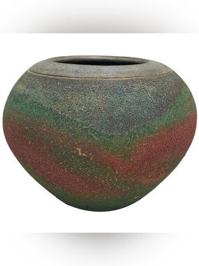 Vintage 1990s Signed Raku Fired Pottery Art Bulbous Vase Colorful Crackle Finish